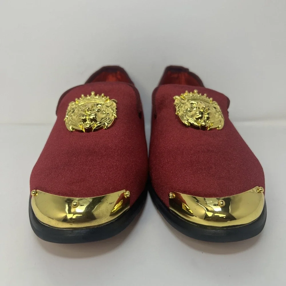Erphpre Paul Men's Luxury Velvet Loafers – Burgundy/Gold – Size 7 Gold Lion NIB
